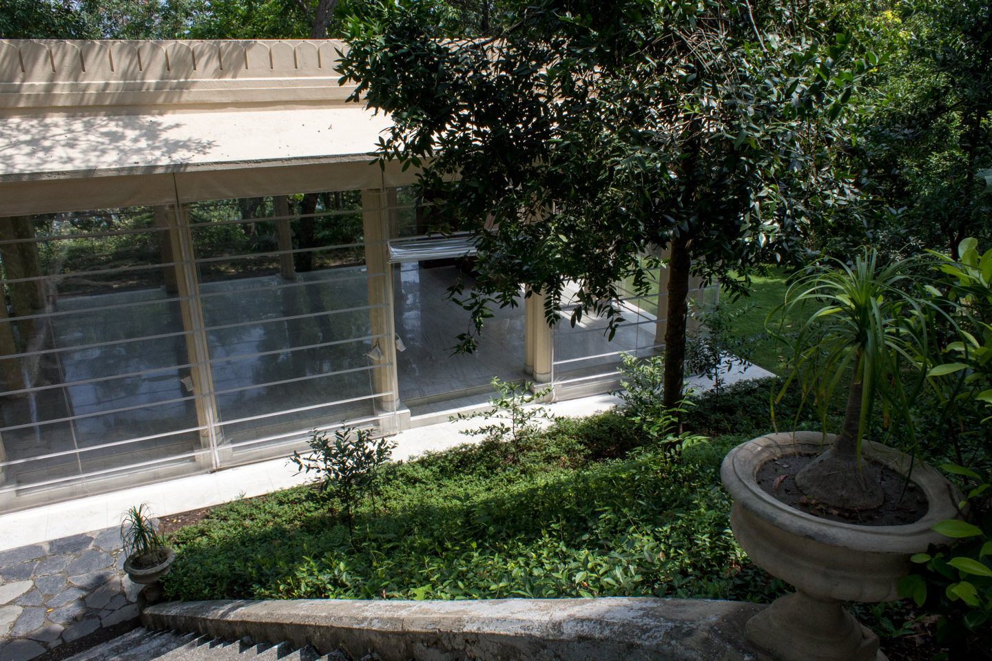 View of the yoga pavilion from the top of the steps.