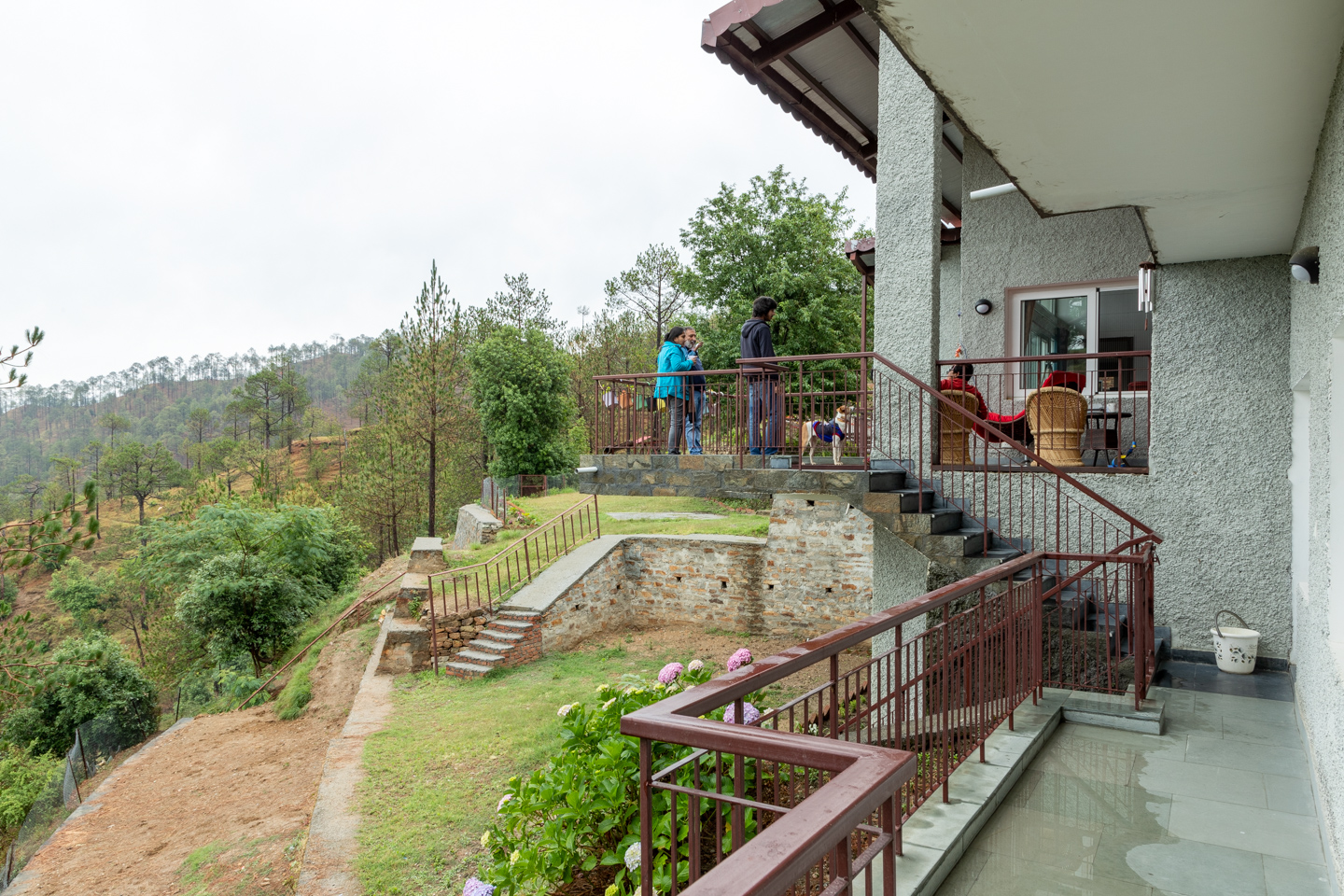 The deck cantilevered over the lawn