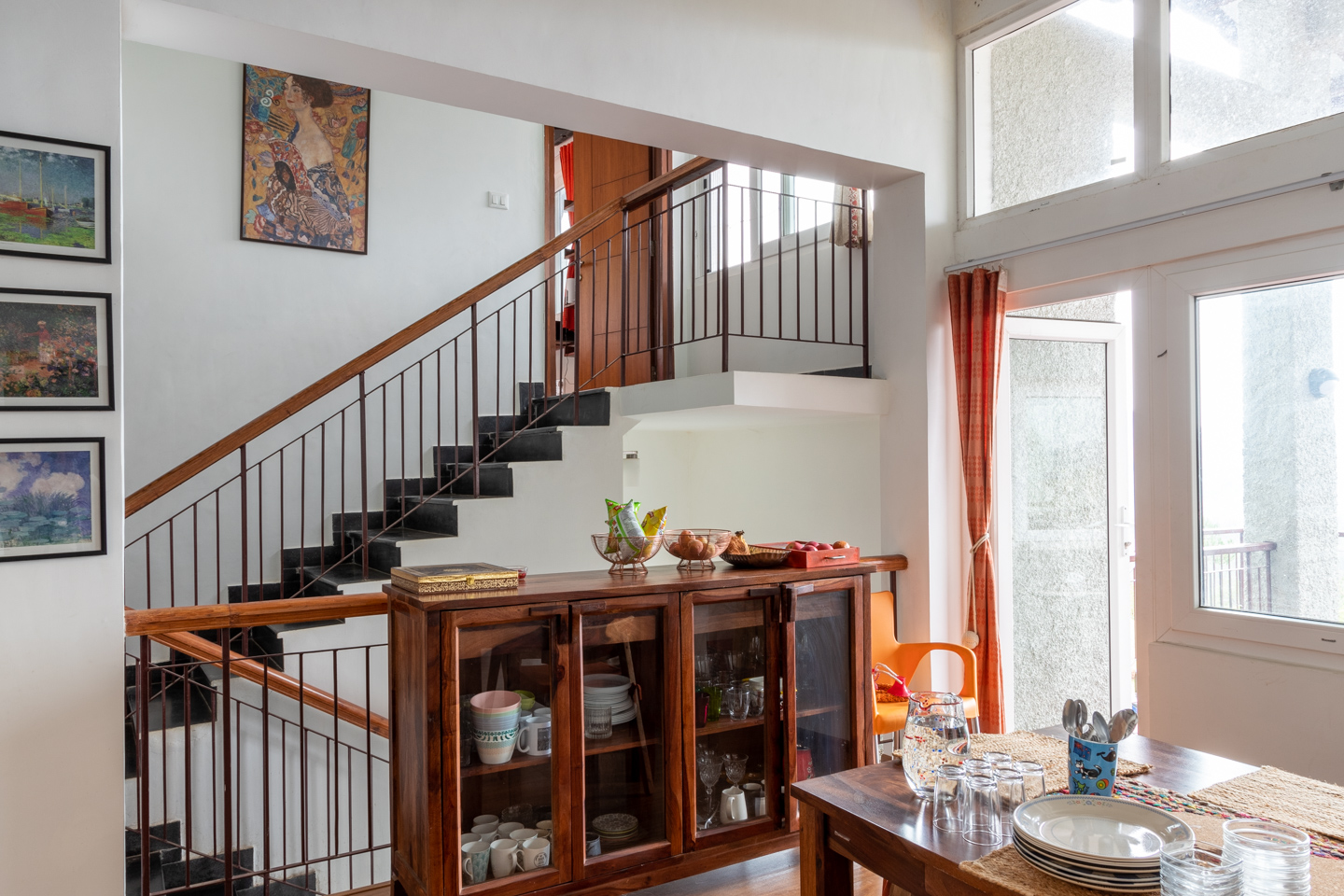The stairs lead up and down to bedrooms