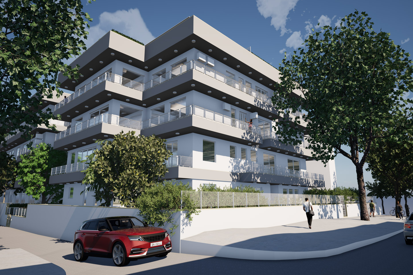 The apartment building seen from the road.