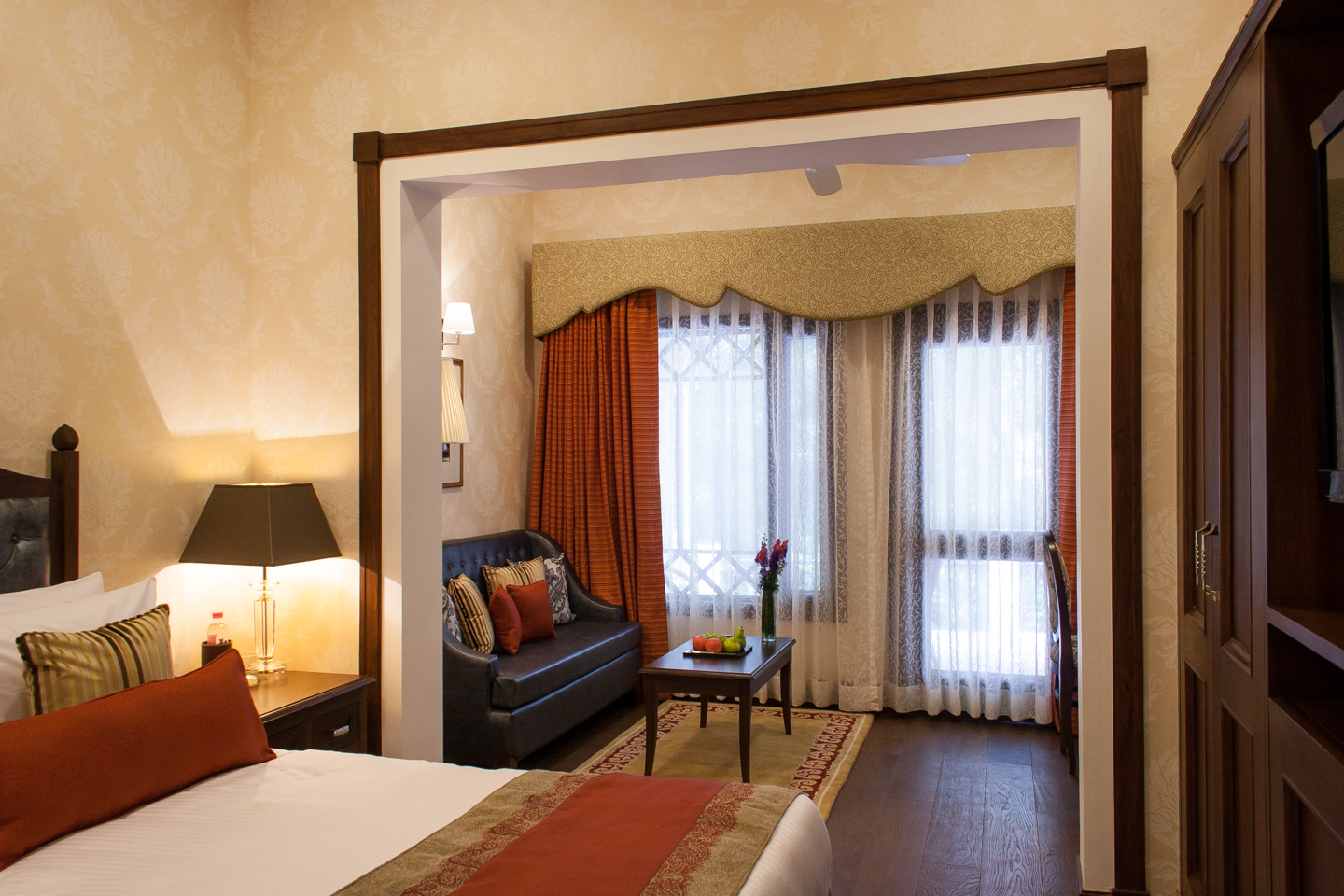 The seating area seen from the room's entrance.
