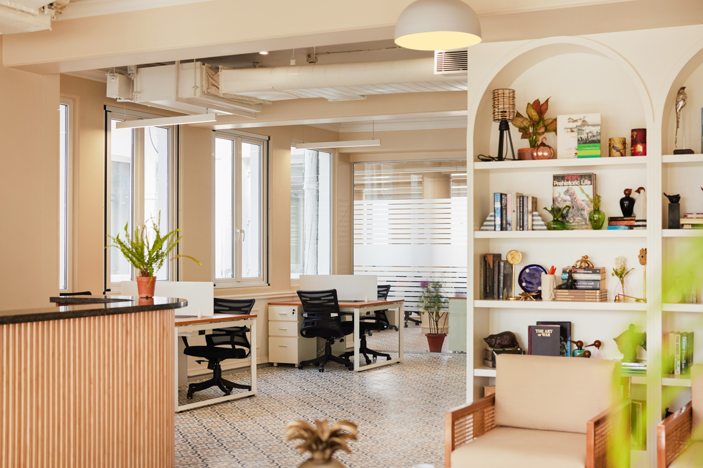 View of the open office from the lounge.